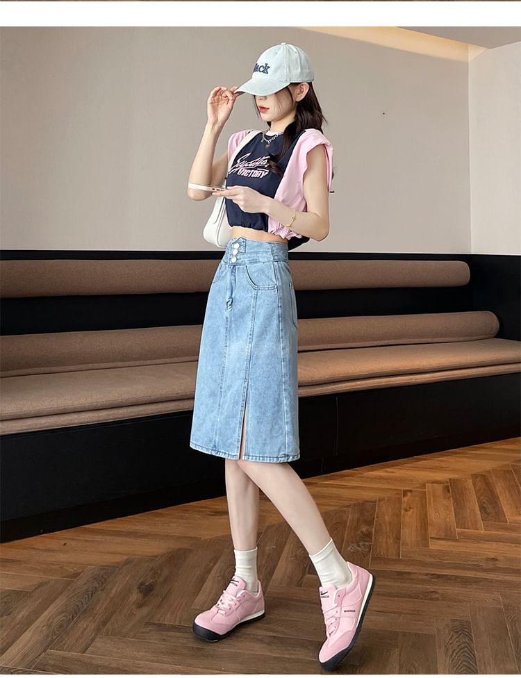 Washed Denim A-Line High Skirt Slit Rise