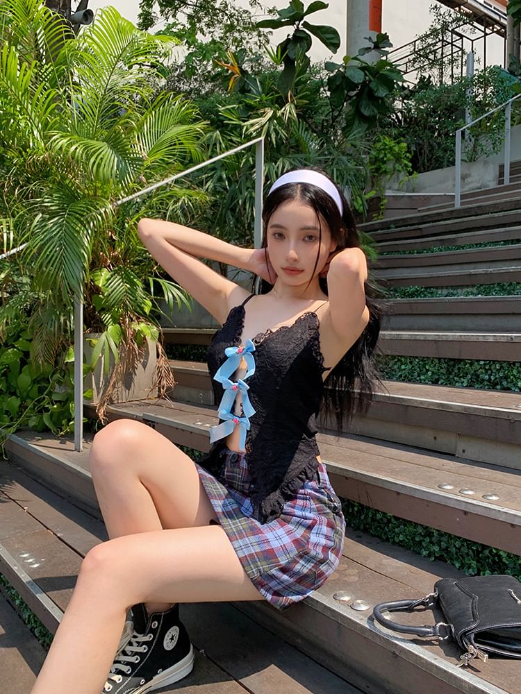 Lace Trim Cutout Camisole Top Bow