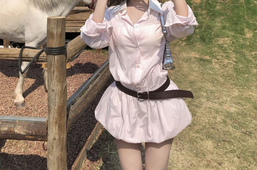 Long-Sleeve Striped + Set: Shirtdress Mini Belt Button-Up