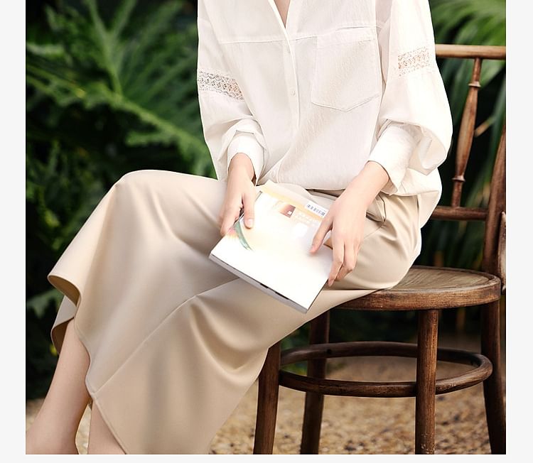 Stand-Collar Long-Sleeve Lace Blouse - LaceLux