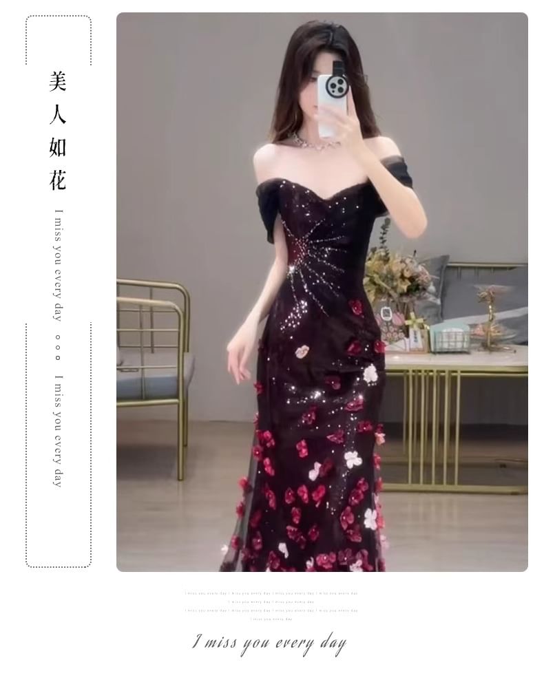 Accent Evening Floral Sequin Gown Mermaid Short-Sleeve Off-Shoulder