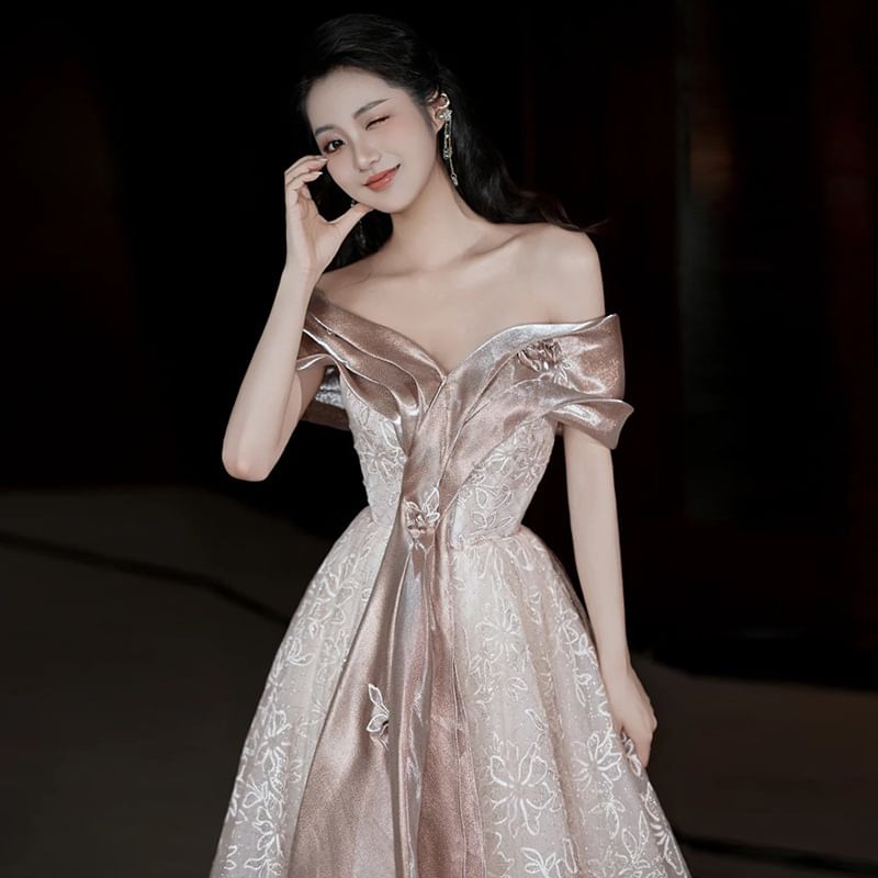 Lace Off-Shoulder Gown Evening Floral Short-Sleeve Accent A-Line