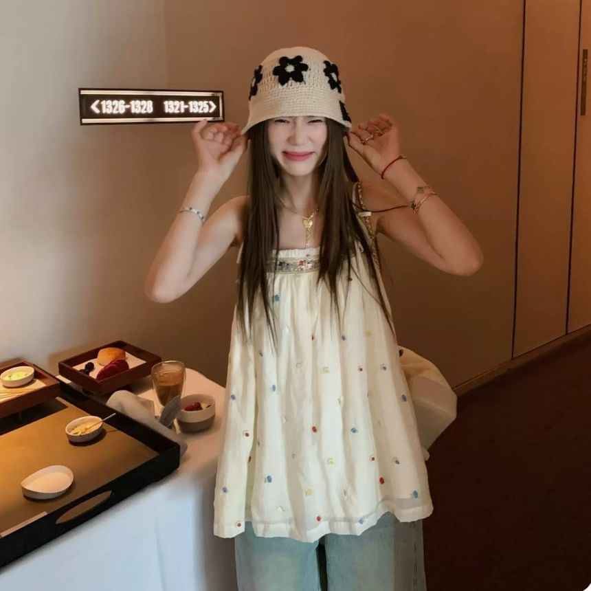 Embroidered Top Trim Accent Flowy Camisole Frill Bow