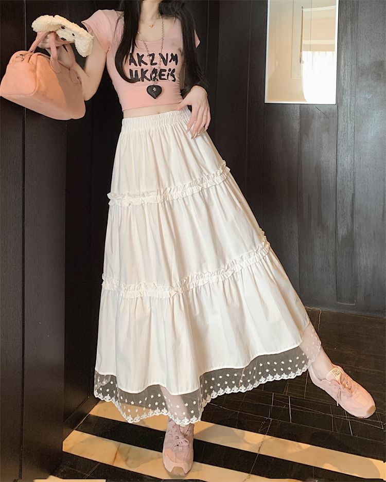 High Skirt Panel Midi Trim Lace Waist A-Line Frill