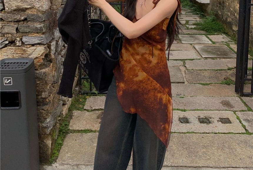 Tie Camisole Long Dye Top Asymmetrical