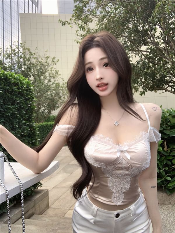 Camisole Lace Crop Top Panel Slim Bow Fit