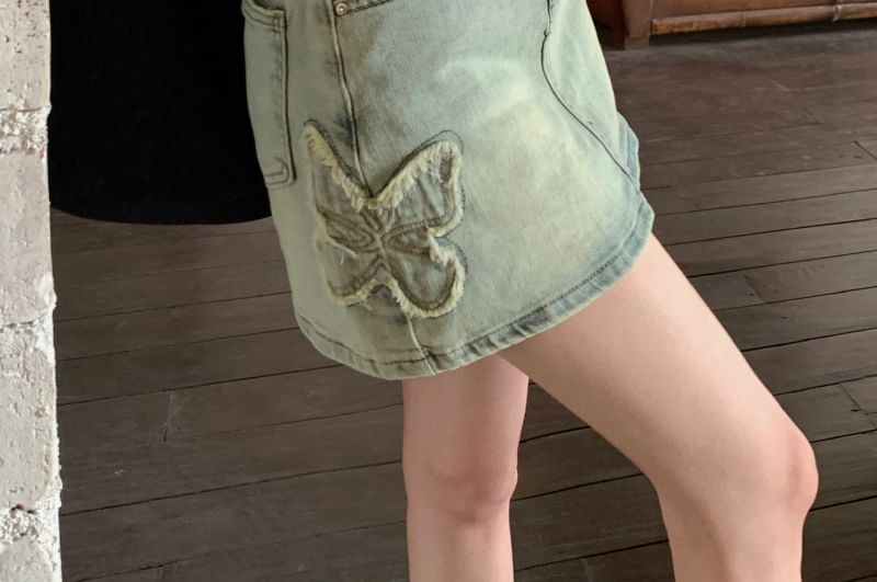 Washed Denim Skirt Butterfly High Applique A-Line Mini Rise