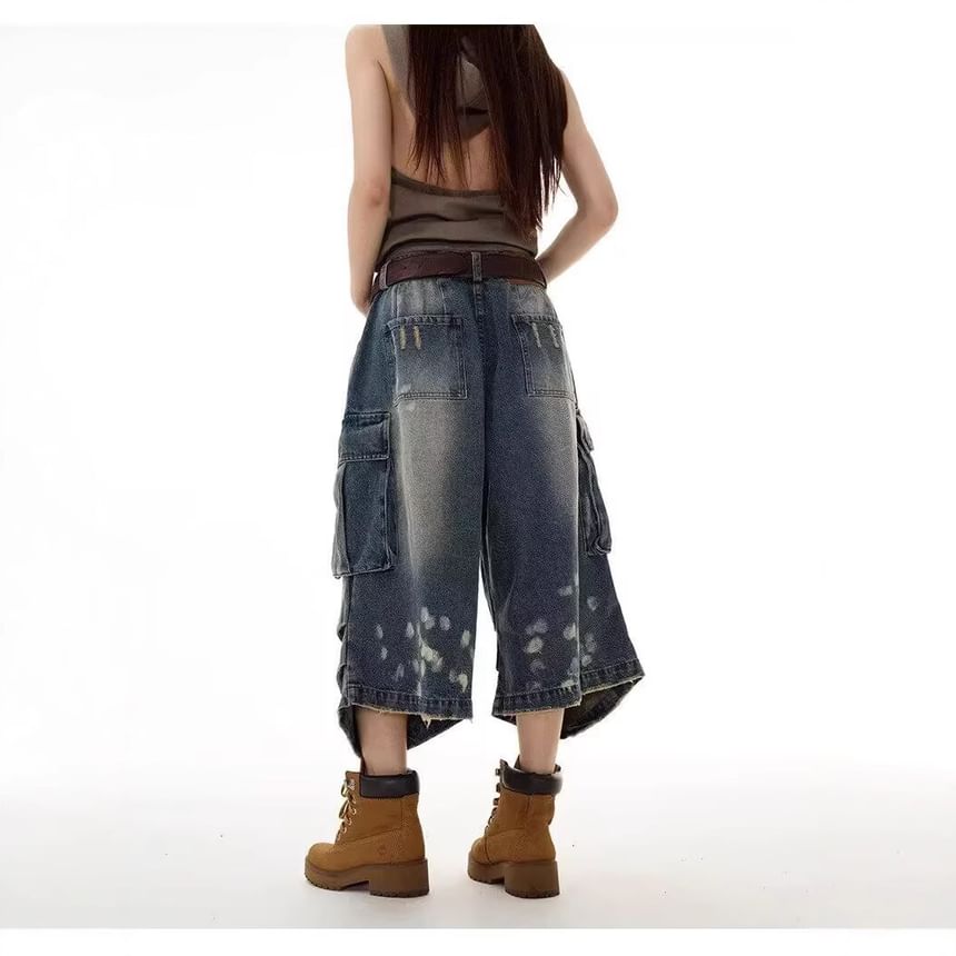 Mid Waist Dotted Washed Pocket Detail Jorts