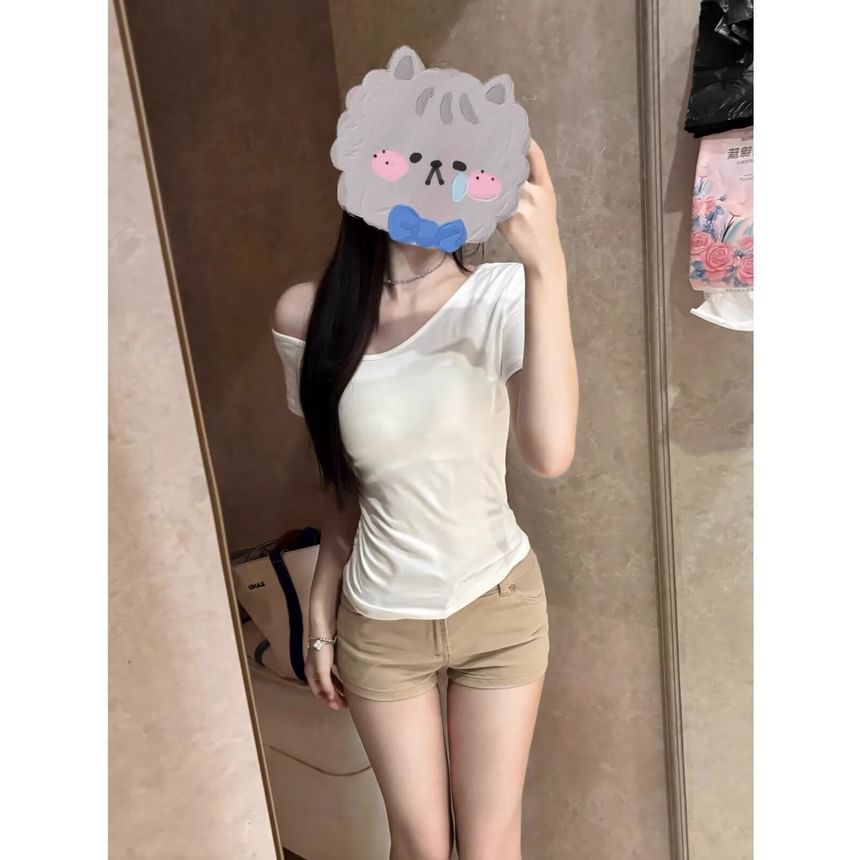 High Waist Washed Denim Hot Pants