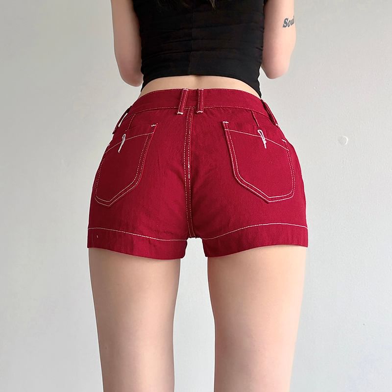 Low Rise Contrast Stitched Denim Hot Pants