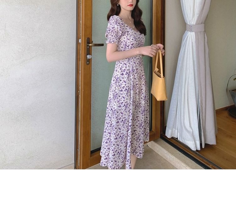 Slit A-Line Midi Puff-Sleeve Dress Floral