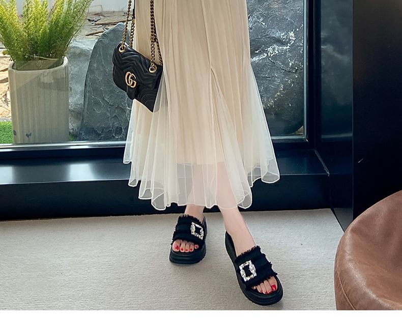 Sandals Slide Platform Trim Buckled Fringed Rhinestone