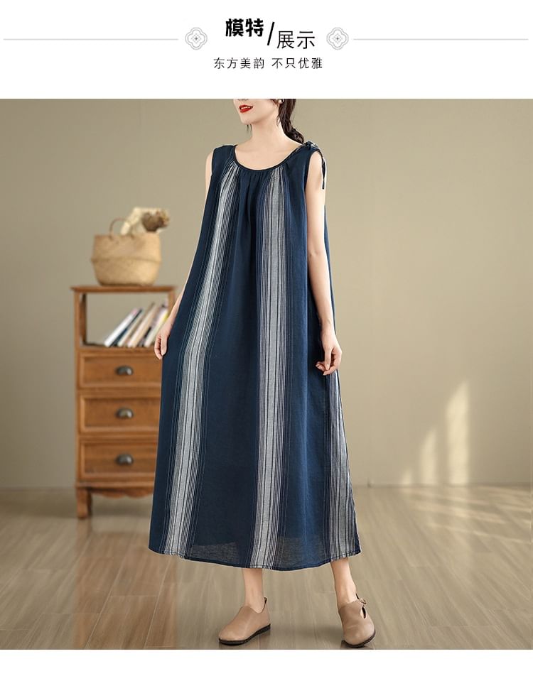 Crewneck Striped Sleeveless A-Line Maxi Dress