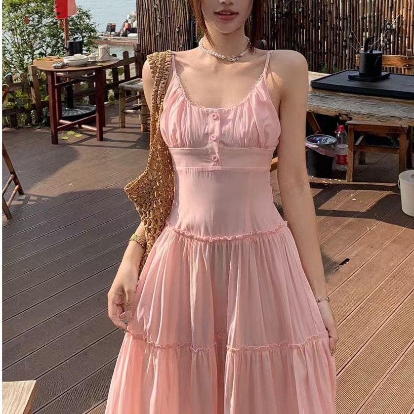 Strap Maxi Spaghetti Scoop Plain Dress A-Line Neck