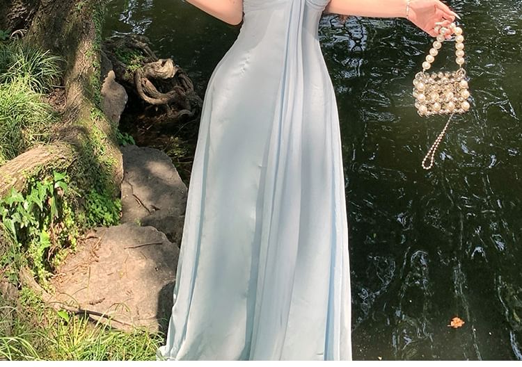 Spaghetti Strap Plain Knot Rhinestone Maxi A-Line Dress