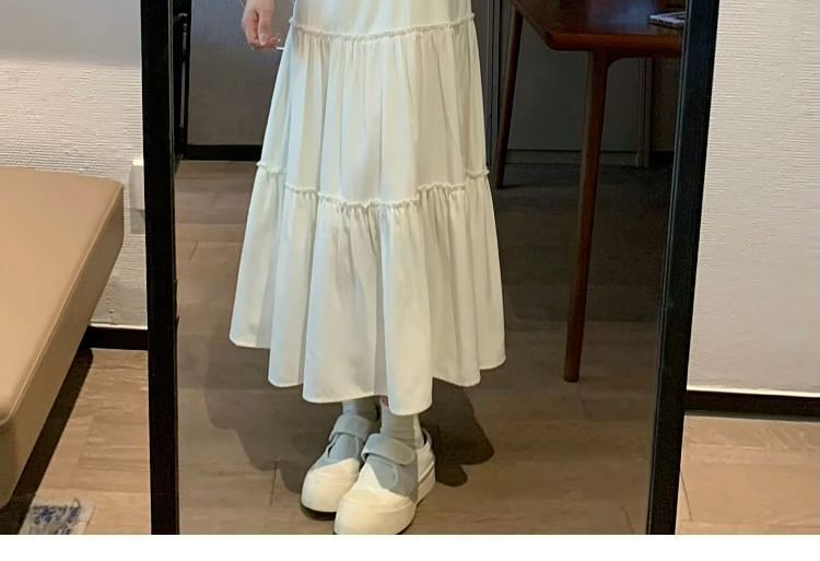 Spaghetti Strap Plain Midi A-Line Tiered Dress