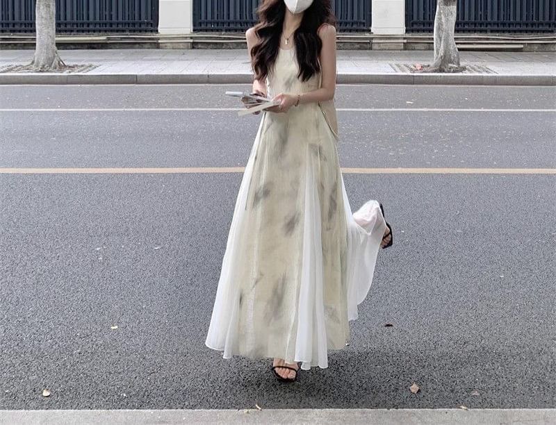 Spaghetti Strap Tie-Dyed Paneled Midi A-Line Dress