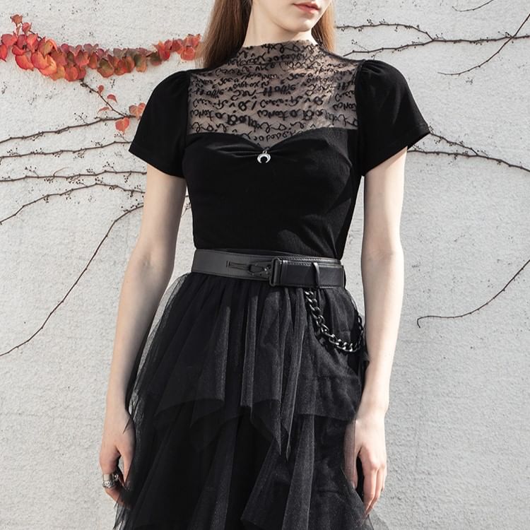 Panel Mesh Plain Mock-Neck Short-Sleeved Top