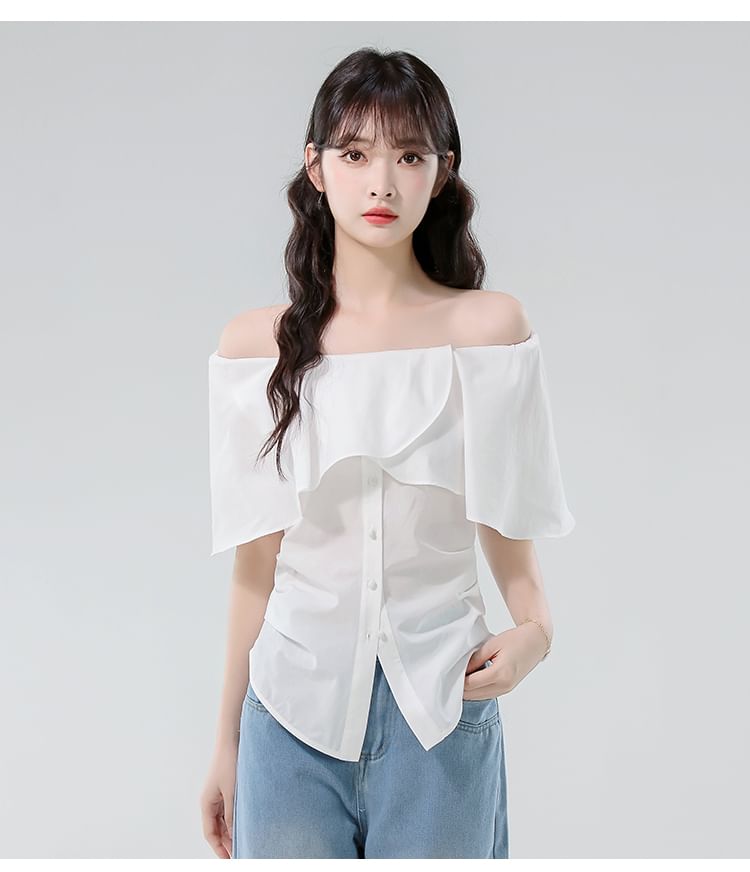 Off-Shoulder Ruched Buttoned Blouse with Ruffled Sleeves