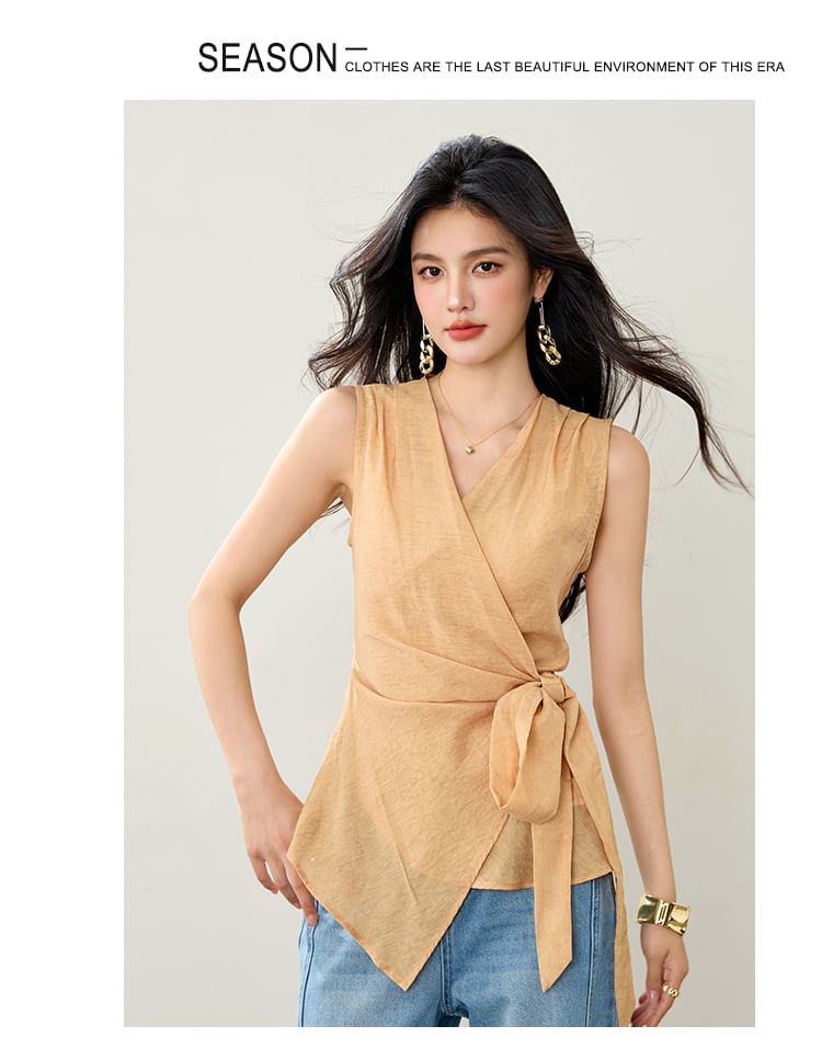 Plain Asymmetric Tie-Waist Wrap Top, Sleeveless V-Neck