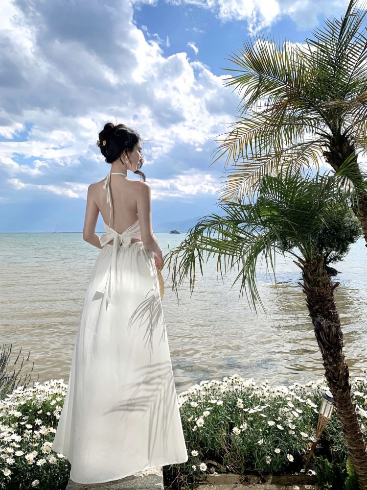 Lace Panel Maxi Dress with Frill Trim and Open Back - NoBrand