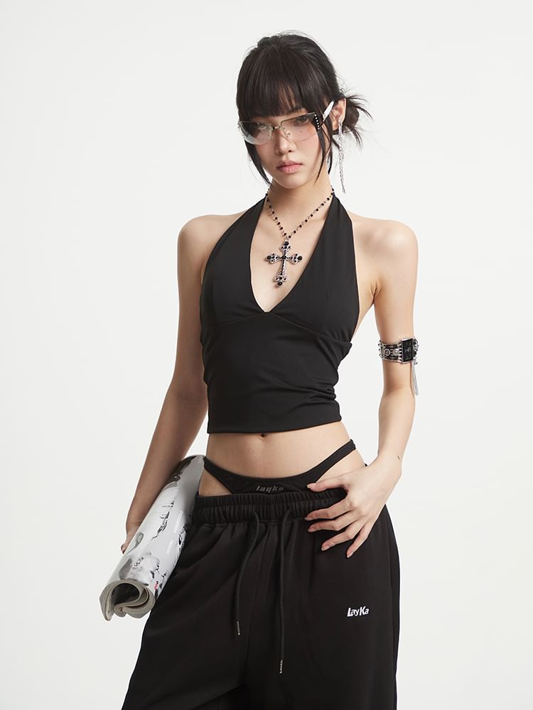 Plain Fishbone Halterneck Cropped Top