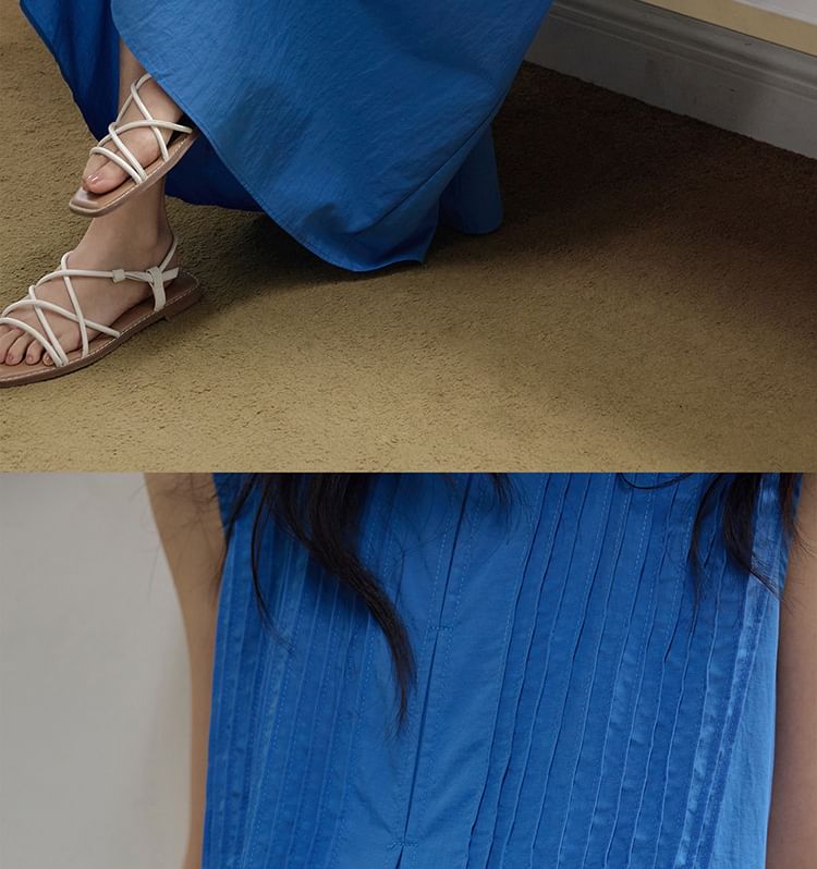 Plain Pintuck Crew-Neck Sleeveless Midi Tunic Dress
