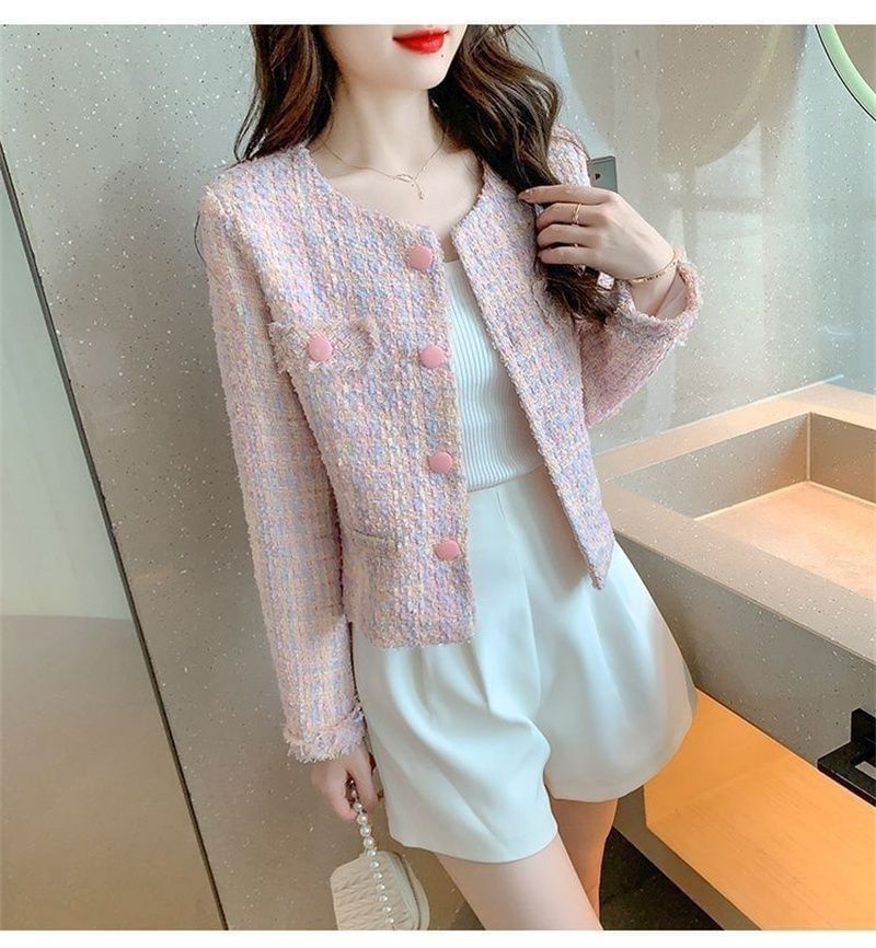 Round Neck Fringed Tweed Button Jacket