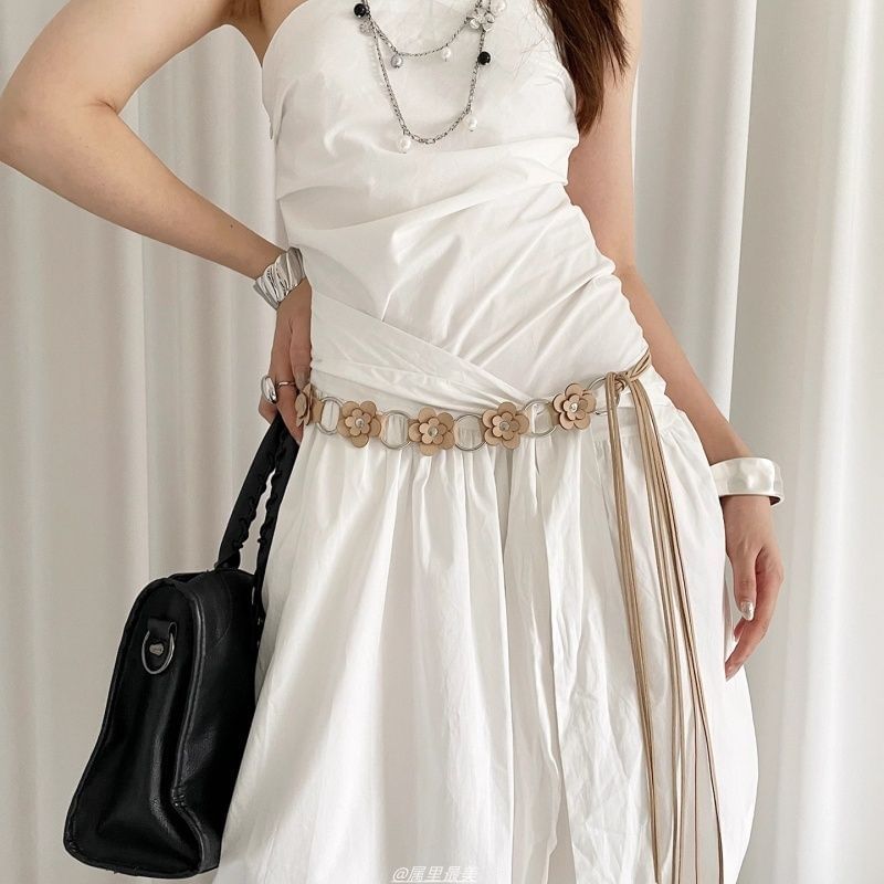 Leather Alloy Chain Faux Floral Waist