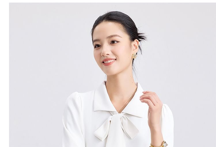 Long-Sleeve Collared Tie-Front Blouse & High-Rise Midi A-Line Skirt Set