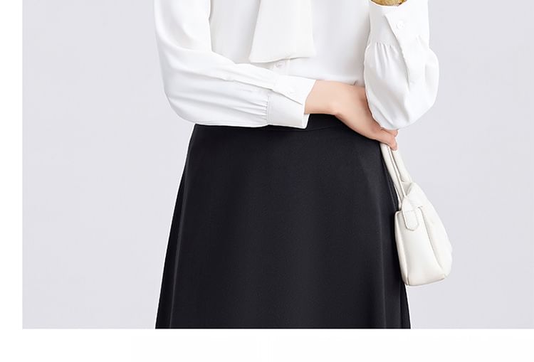 Set: Long-Sleeve Collared Tie-Front Blouse & High-Rise Midi A-Line Skirt