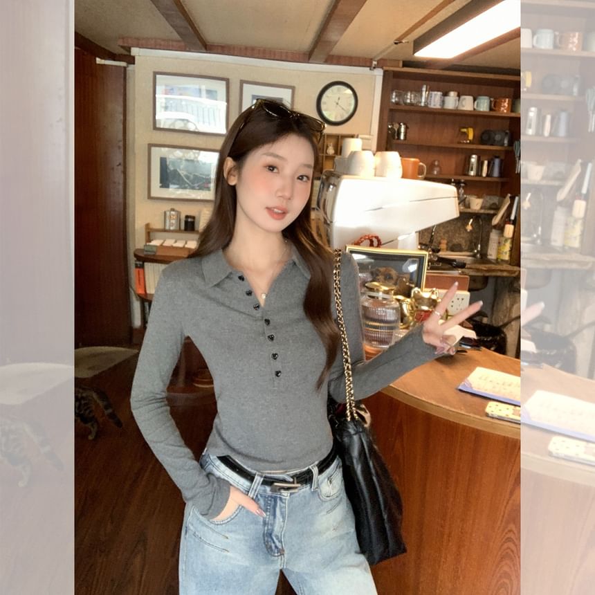 Plain Half-Buttoned Long-Sleeved Polo Shirt