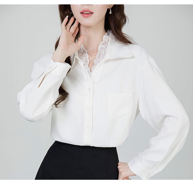 Collared Long-Sleeve Button Up Shirt with Lace Trim
