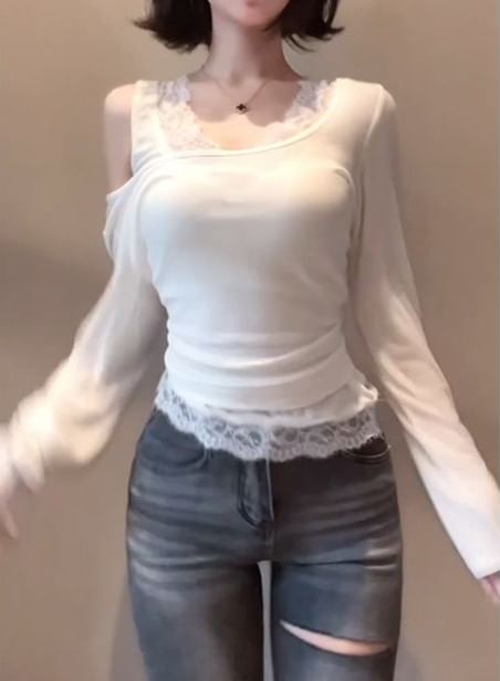 Long Sleeve Cold Shoulder Lace Panel Top