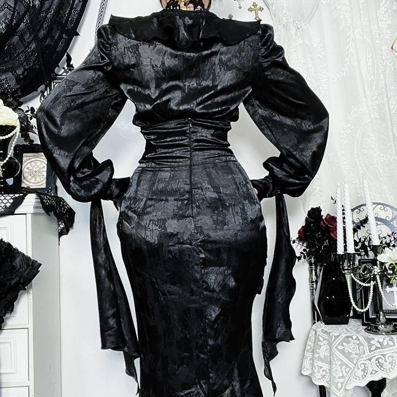 Jacquard Ruffle V-Neck Long Sleeve Blouse