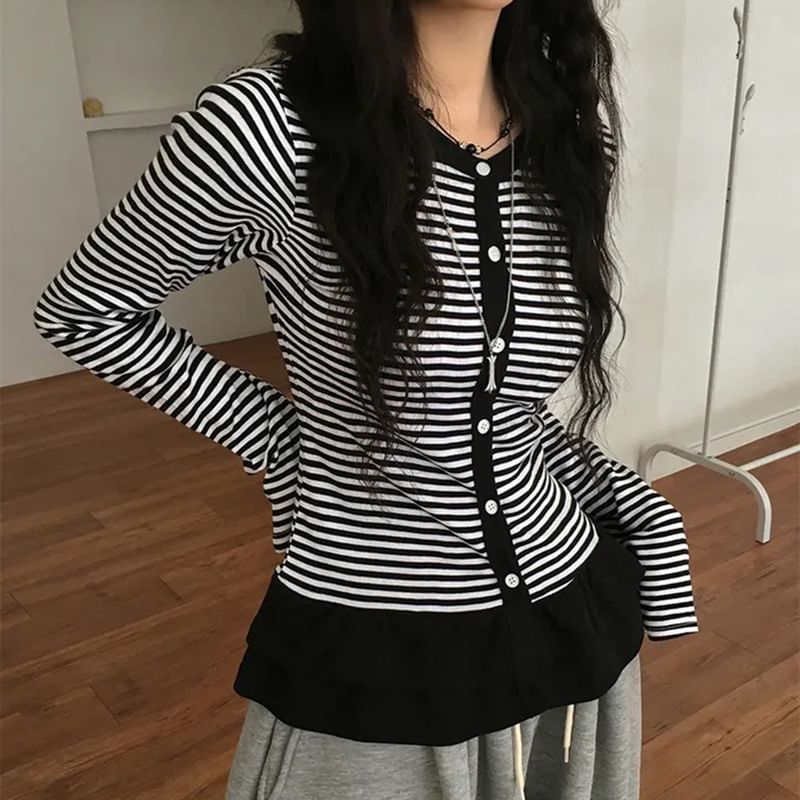 Crew Neck Striped Slim-Fit Long Sleeve Cardigan