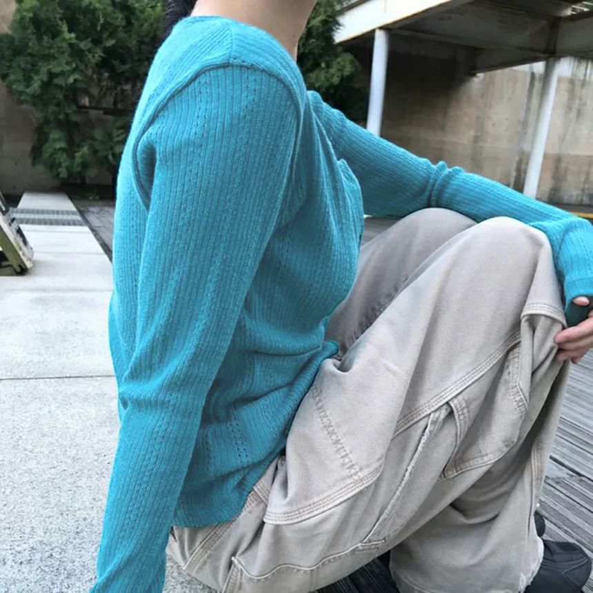 Scoop Neck Long Sleeve Ribbed-Knit Slim-Fit Cardigan