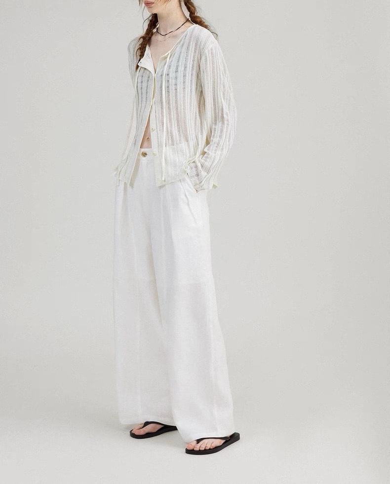 Plain Lace-Up Ribbed Cardigan