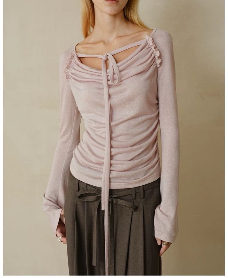 Long-Sleeve Cowl Neck Plain Ruched T-Shirt