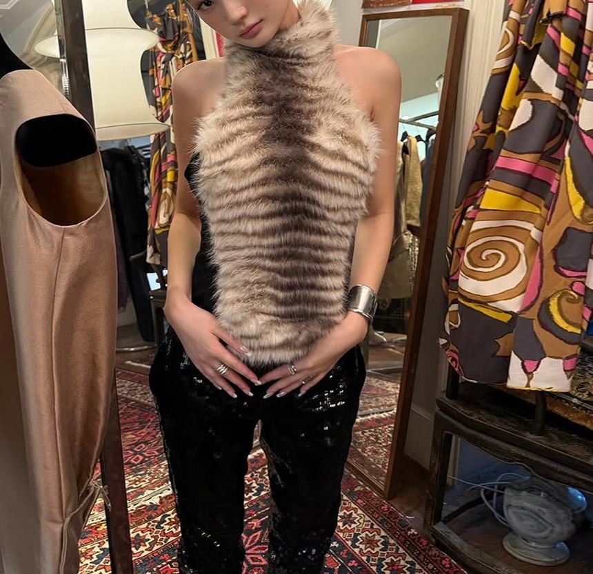 Halter Faux Fur Sleeveless Cami Top