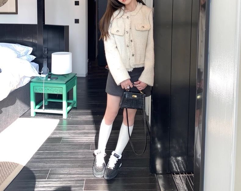 Round Neck Plain Fringed Button Jacket