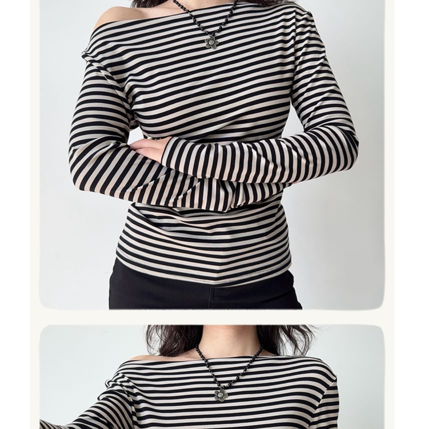 Striped Boat Neck T-Shirt with Long Sleeves, Slim Fit, Casual Style