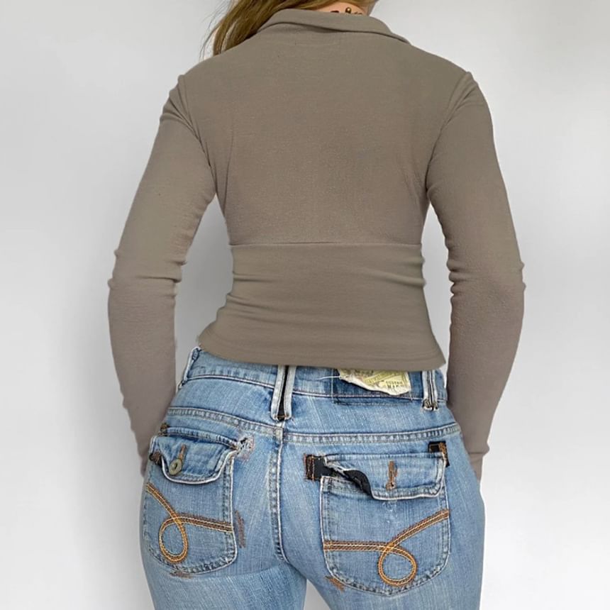 Collared V-Neck Slim-Fit Crop Top Long Sleeve