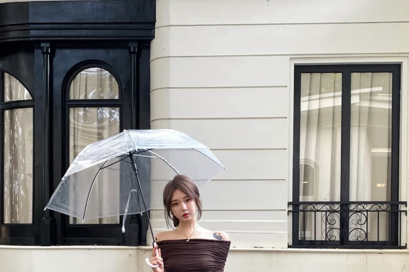 Long-Sleeve Off Shoulder Plain Ruched Maxi Bodycon Dress