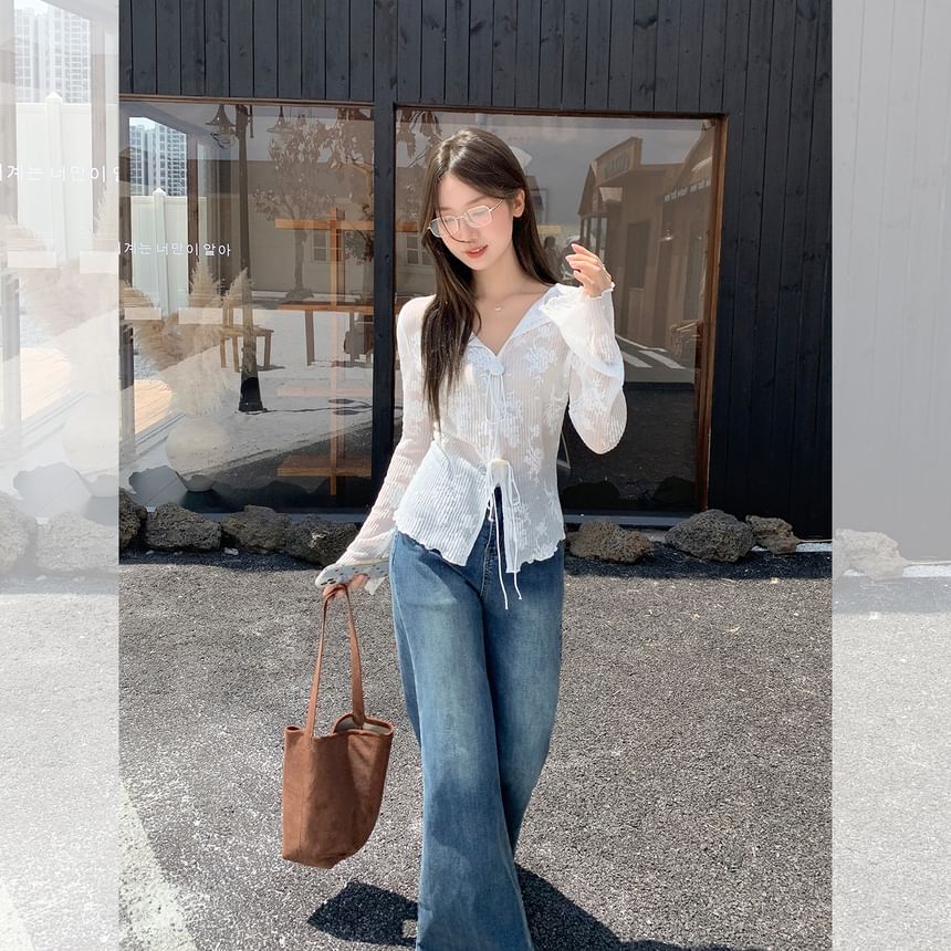 V-Neck Button-Up Knit Crop Top with Long Sleeves