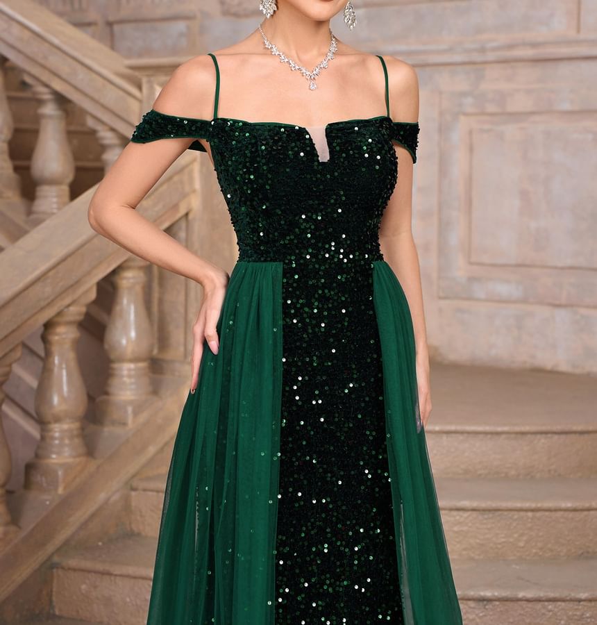 Spaghetti Strap Sequin Mesh Panel Maxi A-Line Dress
