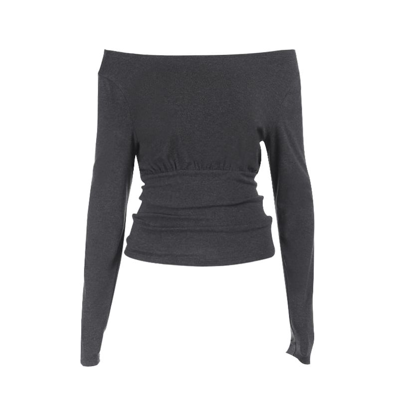 Cropped Off-Shoulder T-Shirt with Long Sleeves, Slim Fit, Solid Color