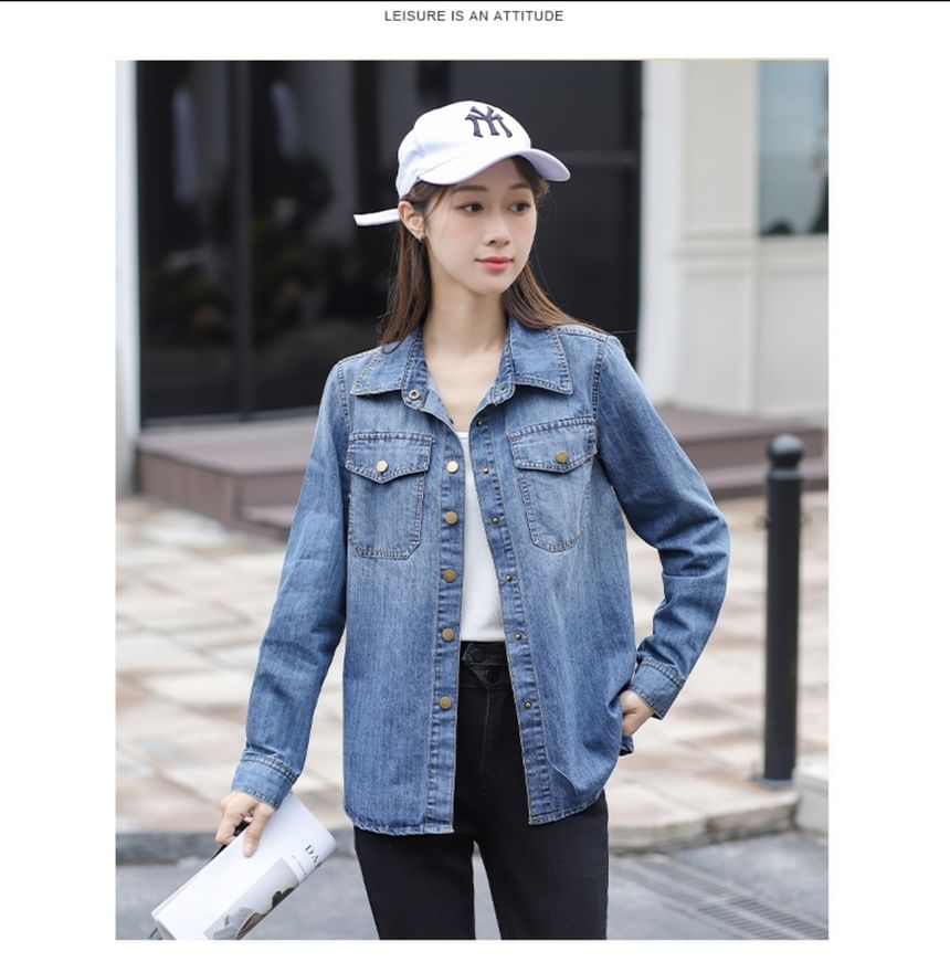Washed Denim Shirt Jacket with Button-Up Front