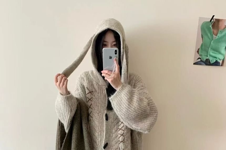 Plain Lace Up Hood Cable Knit Toggle Cardigan