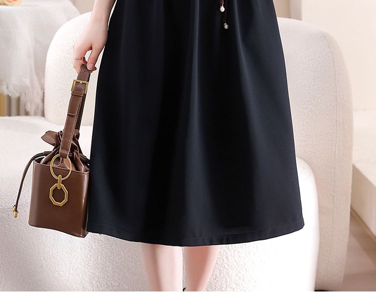 Long-Sleeve Two Tone Collared Half Buttoned Maxi A-Line Dress